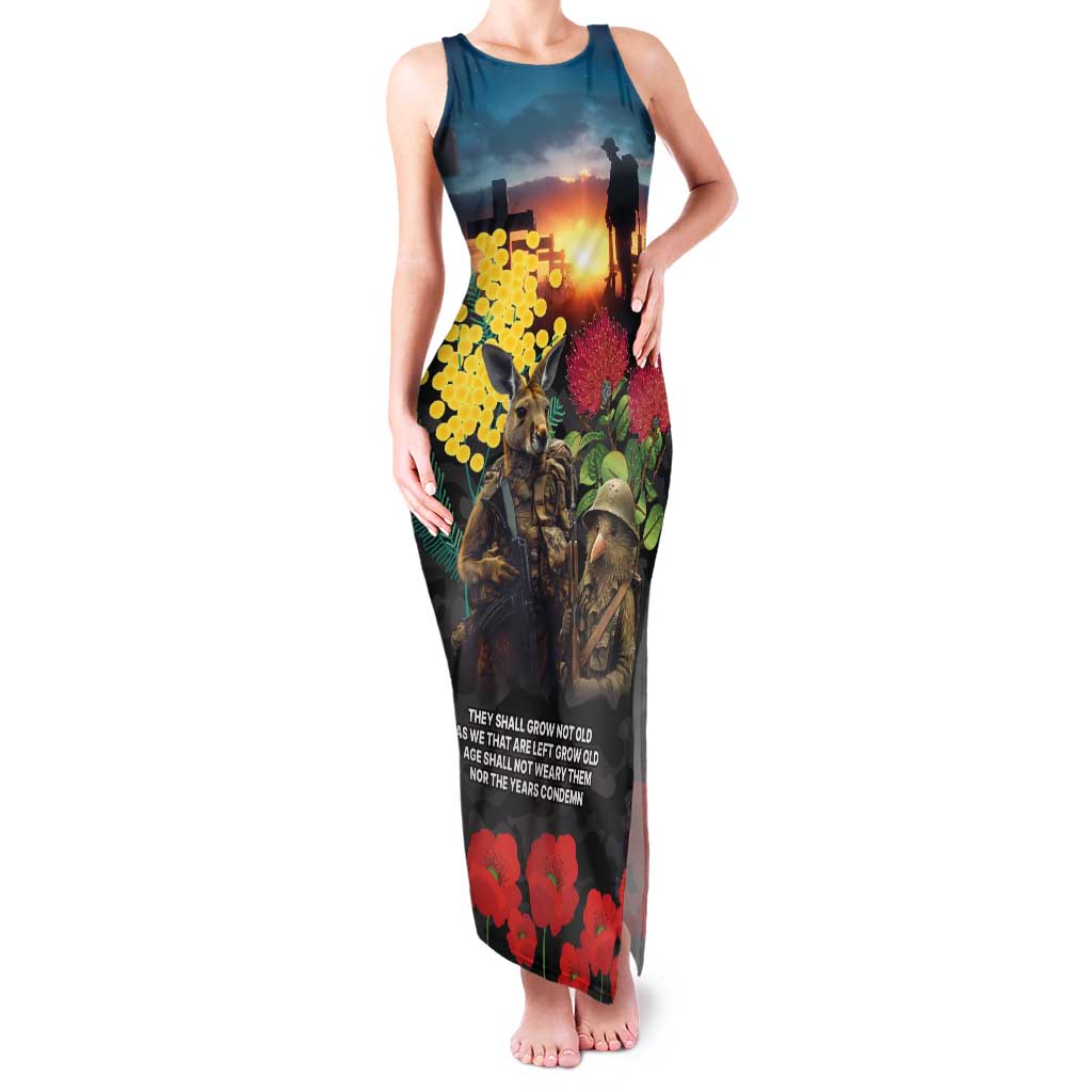 Kangaroo-Kiwi Soldier ANZAC Personalised Family Matching Tank Maxi Dress and Hawaiian Shirt Golden Wattle and Pohutukawa Flowers LT9 Mom's Dress Black - Polynesian Pride