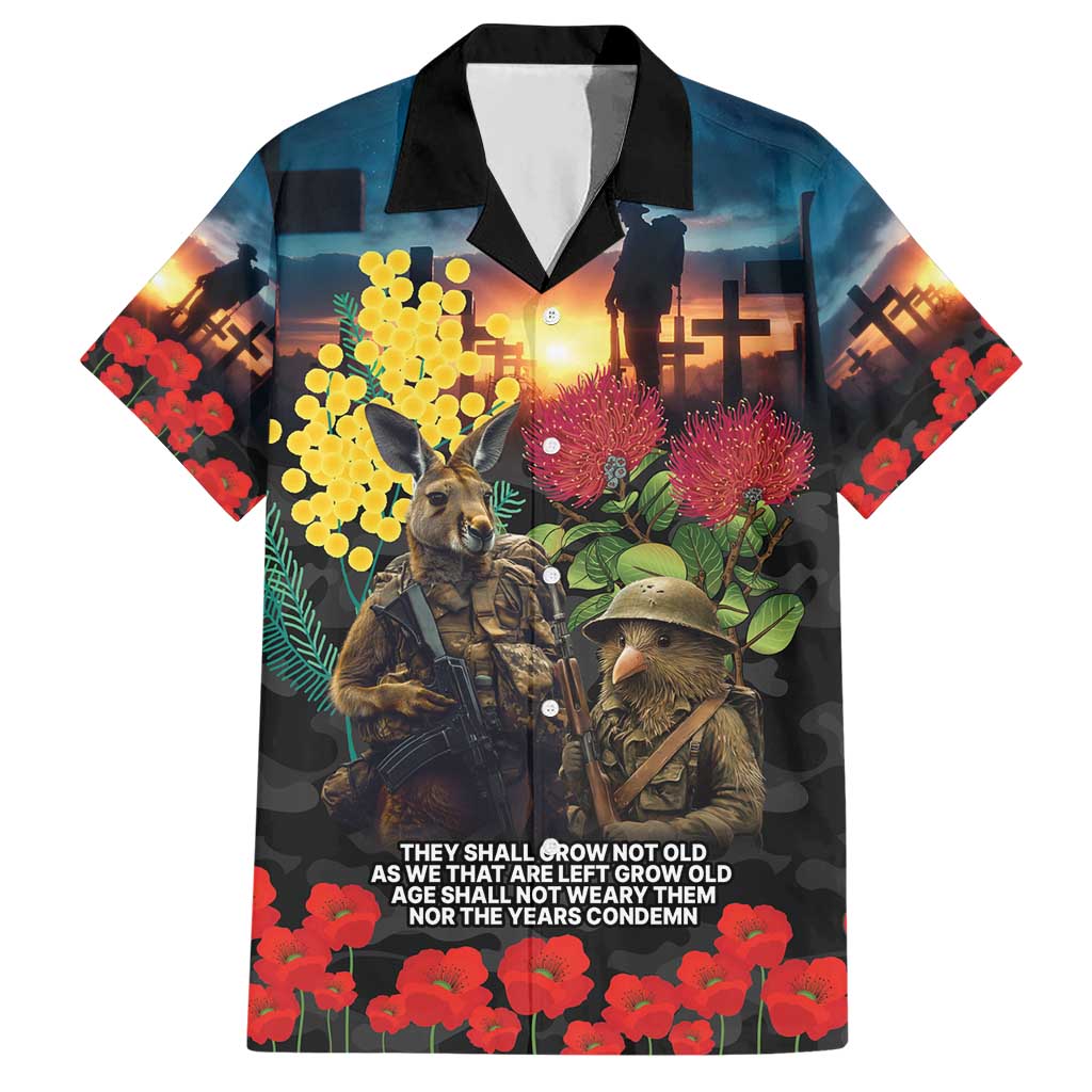 Kangaroo-Kiwi Soldier ANZAC Personalised Hawaiian Shirt Golden Wattle and Pohutukawa Flowers