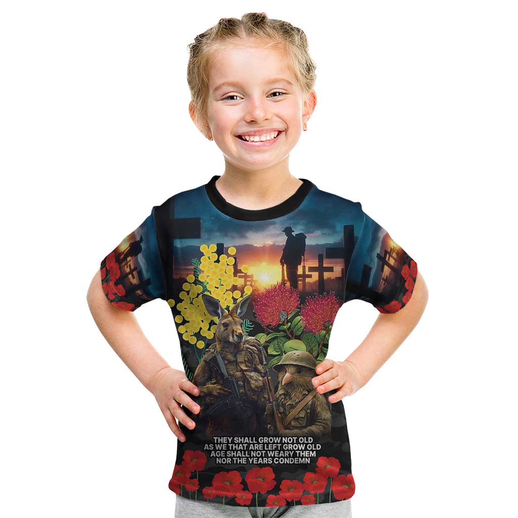 Kangaroo-Kiwi Soldier ANZAC Personalised Kid T Shirt Golden Wattle and Pohutukawa Flowers