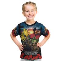 Kangaroo-Kiwi Soldier ANZAC Personalised Kid T Shirt Golden Wattle and Pohutukawa Flowers