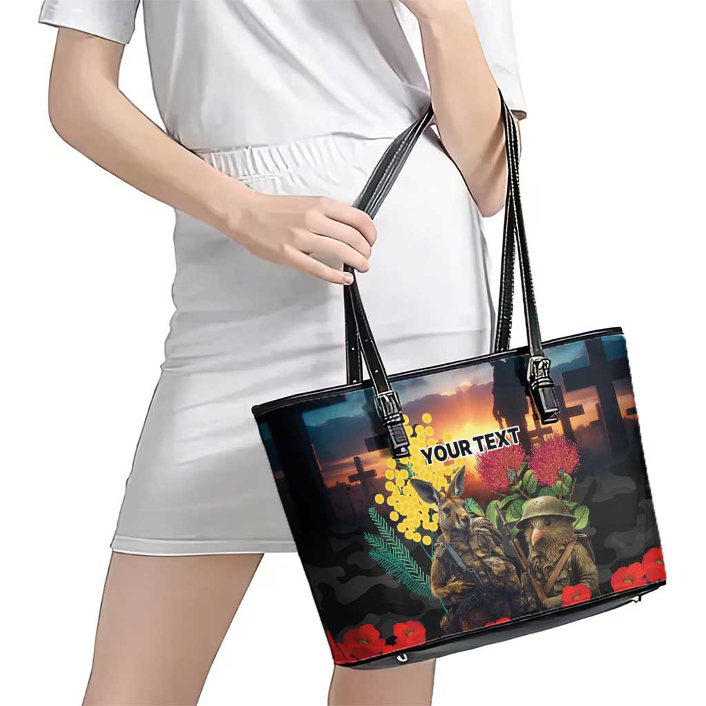 Kangaroo-Kiwi Soldier ANZAC Personalised Leather Tote Bag Golden Wattle and Pohutukawa Flowers