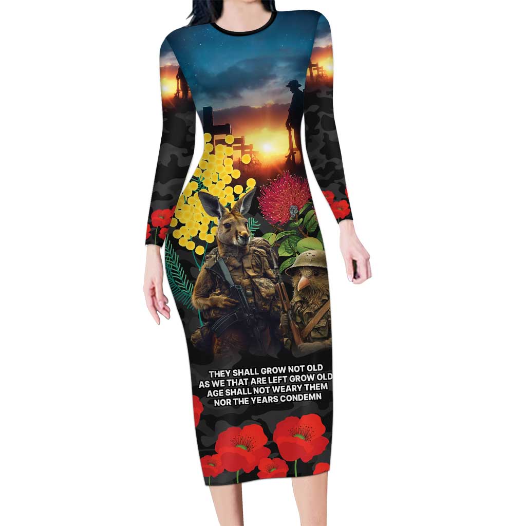 Kangaroo-Kiwi Soldier ANZAC Personalised Long Sleeve Bodycon Dress Golden Wattle and Pohutukawa Flowers LT9 Long Dress Black - Polynesian Pride