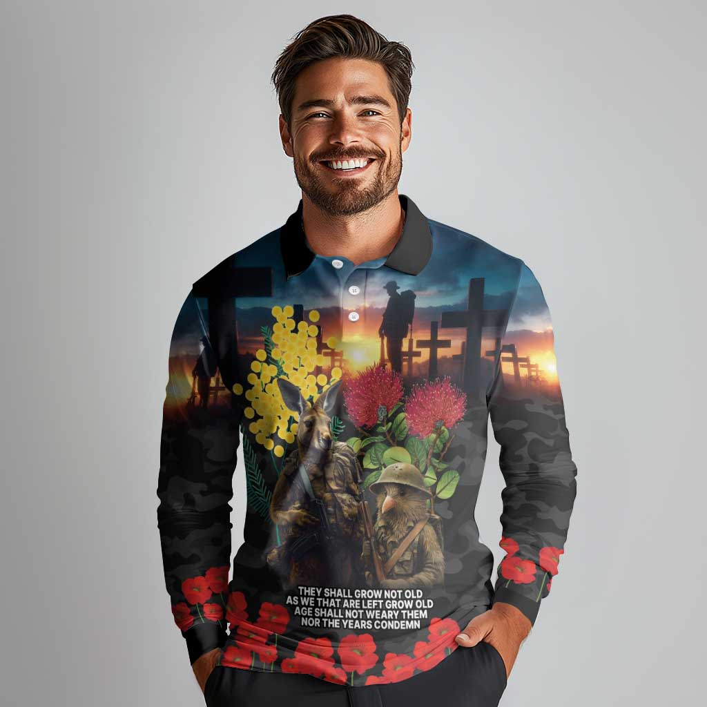 Kangaroo-Kiwi Soldier ANZAC Personalised Long Sleeve Polo Shirt Golden Wattle and Pohutukawa Flowers
