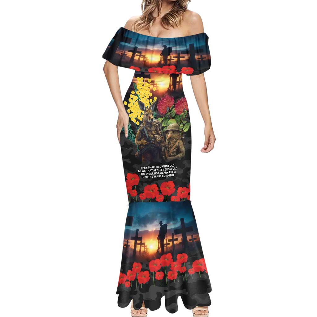 Kangaroo-Kiwi Soldier ANZAC Personalised Mermaid Dress Golden Wattle and Pohutukawa Flowers