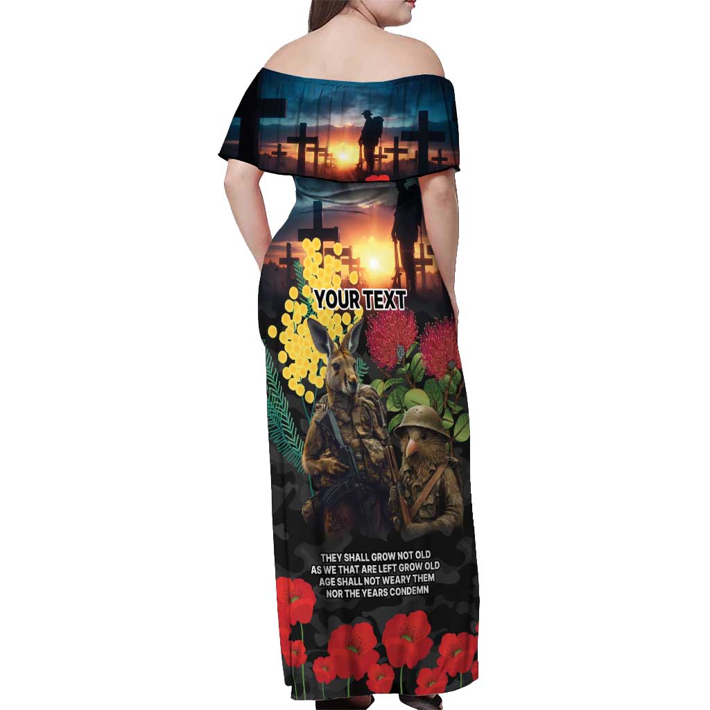 Kangaroo-Kiwi Soldier ANZAC Personalised Off Shoulder Maxi Dress Golden Wattle and Pohutukawa Flowers