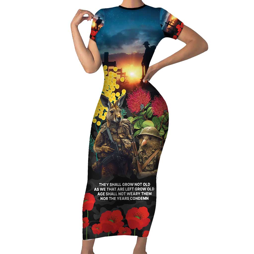 Kangaroo-Kiwi Soldier ANZAC Personalised Short Sleeve Bodycon Dress Golden Wattle and Pohutukawa Flowers LT9 Long Dress Black - Polynesian Pride