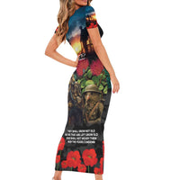 Kangaroo-Kiwi Soldier ANZAC Personalised Short Sleeve Bodycon Dress Golden Wattle and Pohutukawa Flowers LT9 - Polynesian Pride