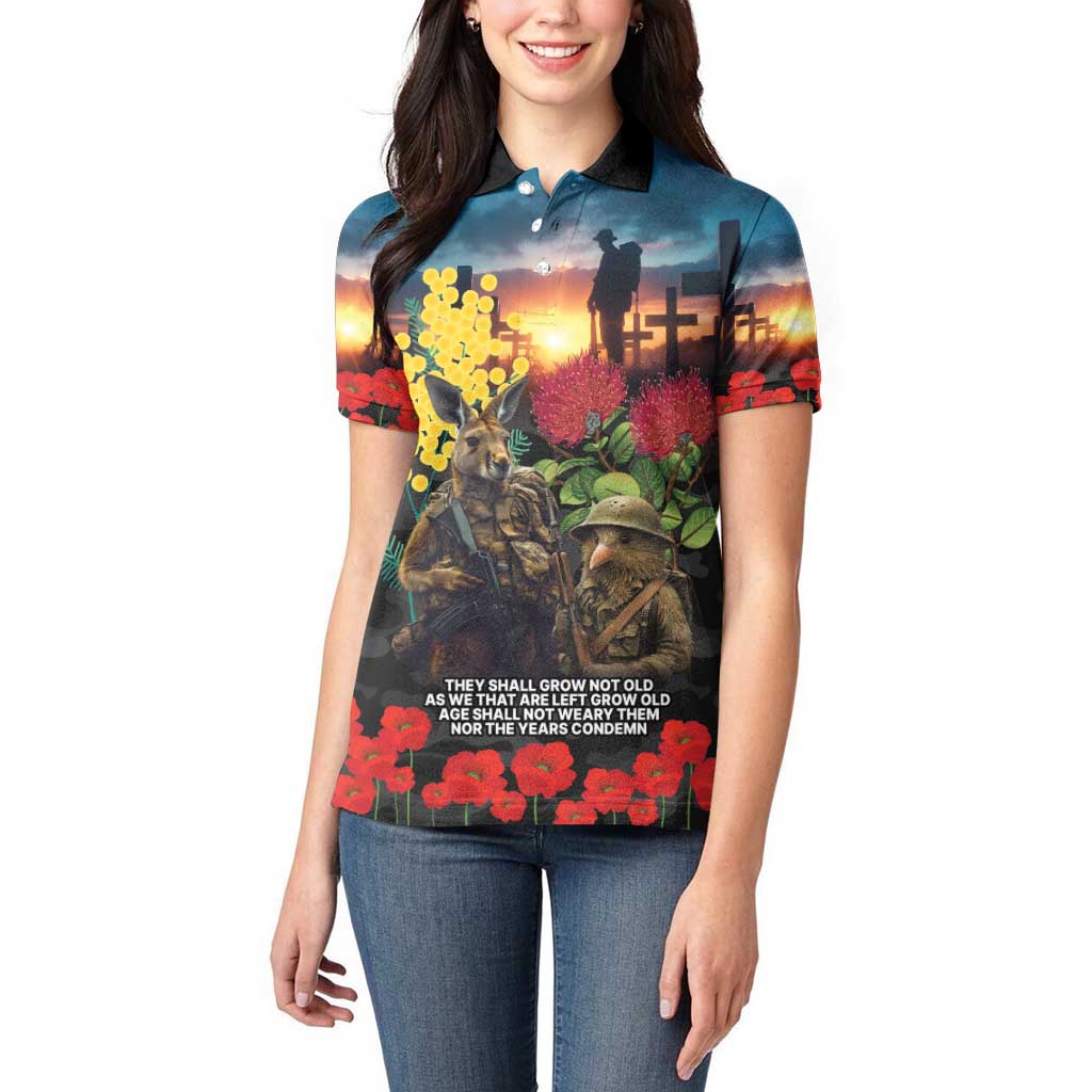Kangaroo-Kiwi Soldier ANZAC Personalised Women Polo Shirt Golden Wattle and Pohutukawa Flowers LT9 - Polynesian Pride