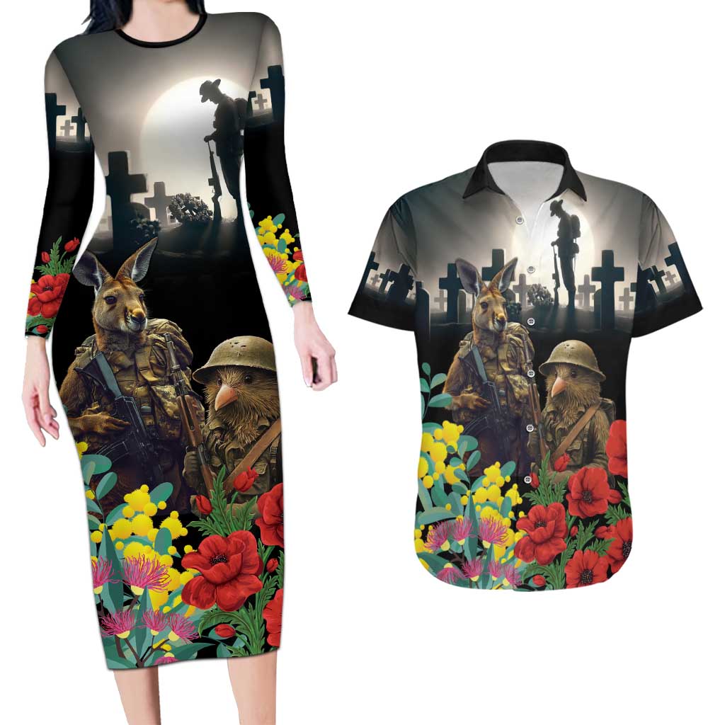 Kangaroo-Kiwi Soldier ANZAC Personalised Couples Matching Long Sleeve Bodycon Dress and Hawaiian Shirt Golden Wattle Poppy Flowers LT9 Black - Polynesian Pride
