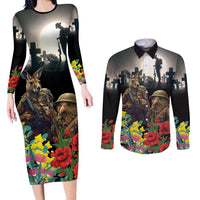 Kangaroo-Kiwi Soldier ANZAC Personalised Couples Matching Long Sleeve Bodycon Dress and Long Sleeve Button Shirt Golden Wattle Poppy Flowers LT9 Black - Polynesian Pride