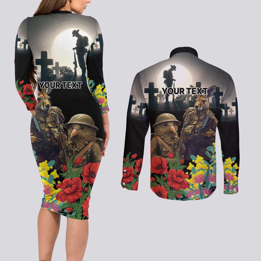 Kangaroo-Kiwi Soldier ANZAC Personalised Couples Matching Long Sleeve Bodycon Dress and Long Sleeve Button Shirt Golden Wattle Poppy Flowers LT9 - Polynesian Pride
