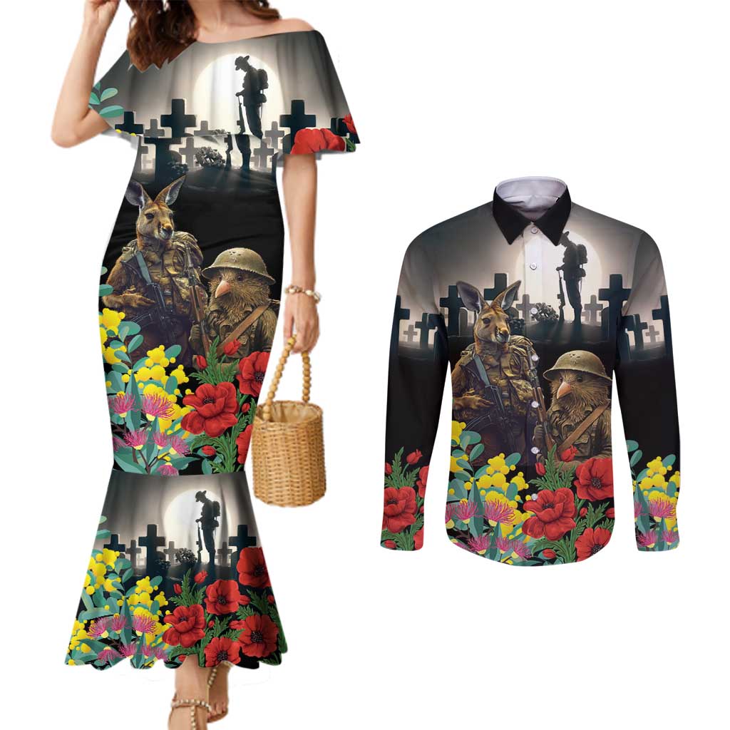 Kangaroo-Kiwi Soldier ANZAC Personalised Couples Matching Mermaid Dress and Long Sleeve Button Shirt Golden Wattle Poppy Flowers LT9 Black - Polynesian Pride