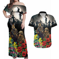 Kangaroo-Kiwi Soldier ANZAC Personalised Couples Matching Off Shoulder Maxi Dress and Hawaiian Shirt Golden Wattle Poppy Flowers LT9 Black - Polynesian Pride