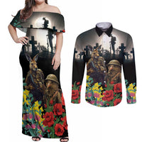 Kangaroo-Kiwi Soldier ANZAC Personalised Couples Matching Off Shoulder Maxi Dress and Long Sleeve Button Shirt Golden Wattle Poppy Flowers LT9 Black - Polynesian Pride