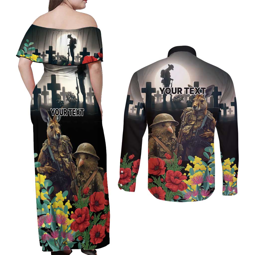 Kangaroo-Kiwi Soldier ANZAC Personalised Couples Matching Off Shoulder Maxi Dress and Long Sleeve Button Shirt Golden Wattle Poppy Flowers LT9 - Polynesian Pride