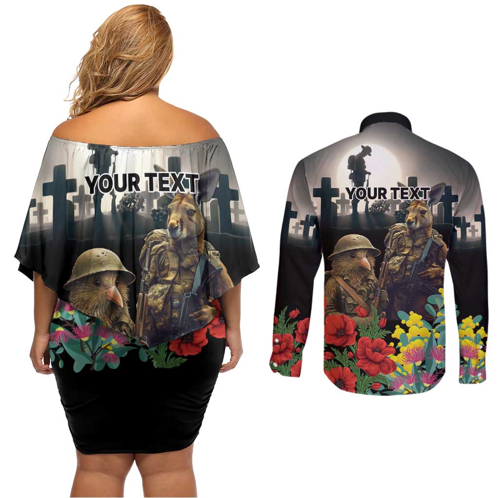 Kangaroo-Kiwi Soldier ANZAC Personalised Couples Matching Off Shoulder Short Dress and Long Sleeve Button Shirt Golden Wattle Poppy Flowers LT9 - Polynesian Pride