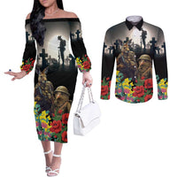 Kangaroo-Kiwi Soldier ANZAC Personalised Couples Matching Off The Shoulder Long Sleeve Dress and Long Sleeve Button Shirt Golden Wattle Poppy Flowers LT9 Black - Polynesian Pride