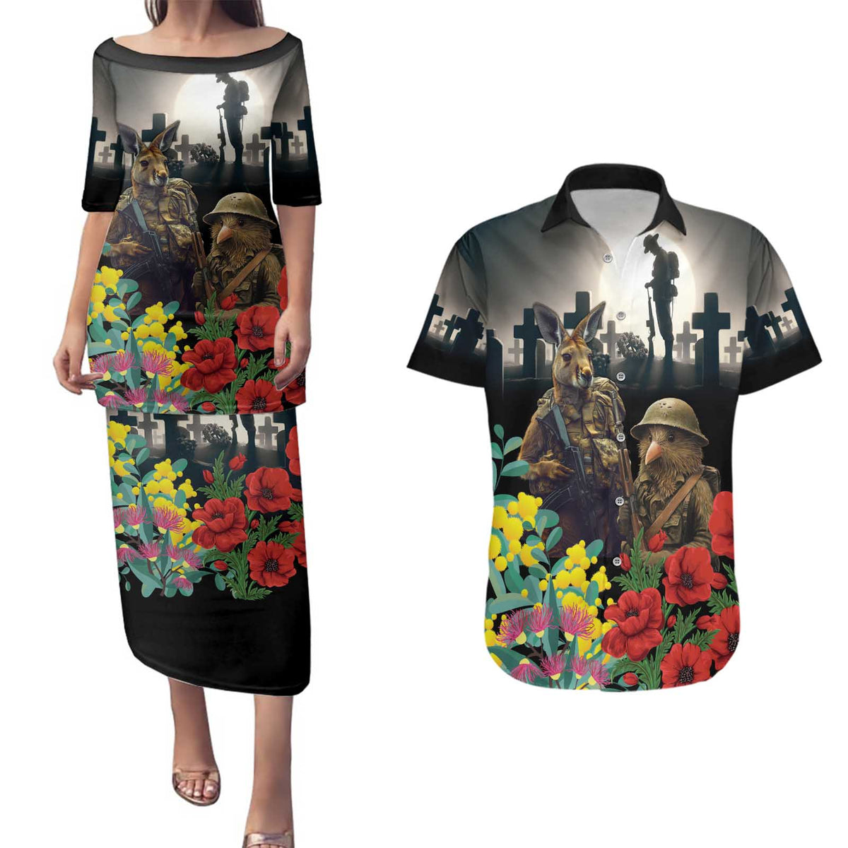Kangaroo-Kiwi Soldier ANZAC Personalised Couples Matching Puletasi and Hawaiian Shirt Golden Wattle Poppy Flowers LT9 Black - Polynesian Pride