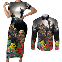 Kangaroo-Kiwi Soldier ANZAC Personalised Couples Matching Short Sleeve Bodycon Dress and Long Sleeve Button Shirt Golden Wattle Poppy Flowers LT9 Black - Polynesian Pride
