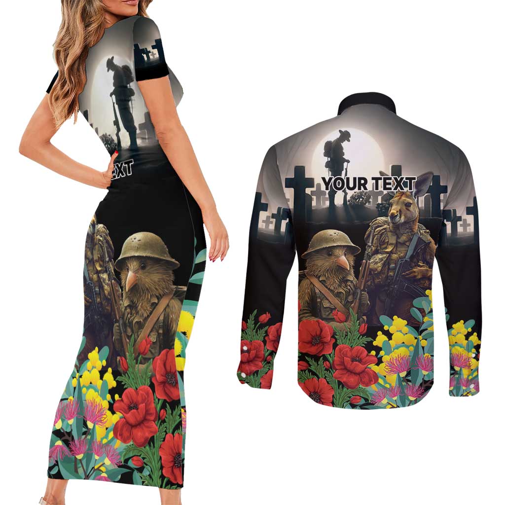 Kangaroo-Kiwi Soldier ANZAC Personalised Couples Matching Short Sleeve Bodycon Dress and Long Sleeve Button Shirt Golden Wattle Poppy Flowers LT9 - Polynesian Pride