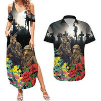 Kangaroo-Kiwi Soldier ANZAC Personalised Couples Matching Summer Maxi Dress and Hawaiian Shirt Golden Wattle Poppy Flowers LT9 Black - Polynesian Pride