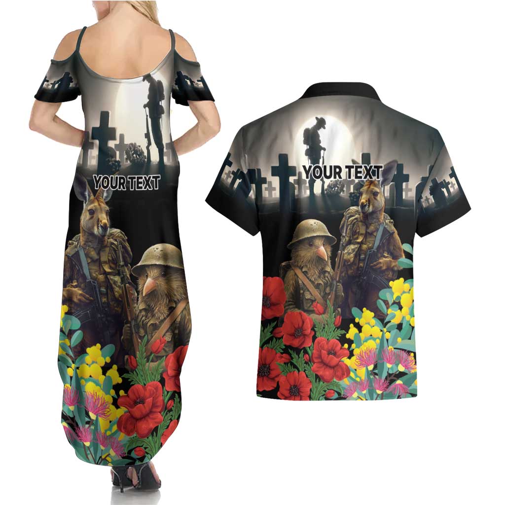 Kangaroo-Kiwi Soldier ANZAC Personalised Couples Matching Summer Maxi Dress and Hawaiian Shirt Golden Wattle Poppy Flowers LT9 - Polynesian Pride