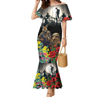 Kangaroo-Kiwi Soldier ANZAC Personalised Family Matching Mermaid Dress and Hawaiian Shirt Golden Wattle Poppy Flowers LT9 Mom's Dress Black - Polynesian Pride