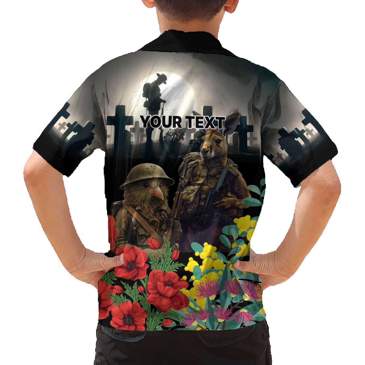 Kangaroo-Kiwi Soldier ANZAC Personalised Family Matching Off The Shoulder Long Sleeve Dress and Hawaiian Shirt Golden Wattle Poppy Flowers LT9 - Polynesian Pride