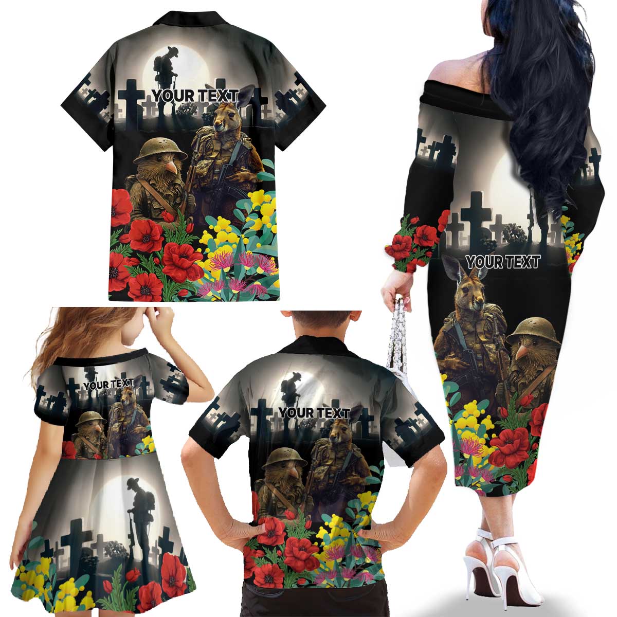 Kangaroo-Kiwi Soldier ANZAC Personalised Family Matching Off The Shoulder Long Sleeve Dress and Hawaiian Shirt Golden Wattle Poppy Flowers LT9 - Polynesian Pride