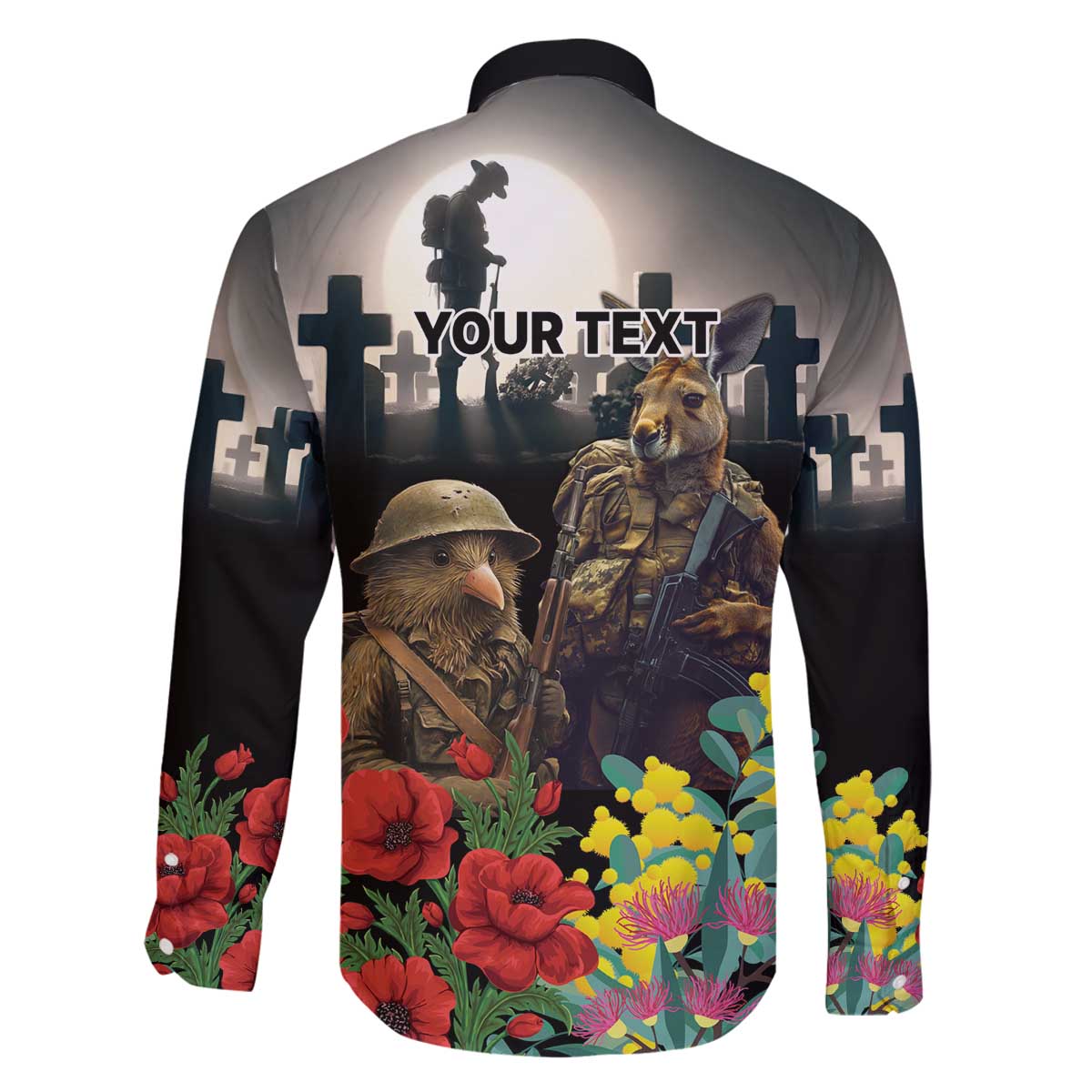Kangaroo-Kiwi Soldier ANZAC Personalised Family Matching Off The Shoulder Long Sleeve Dress and Hawaiian Shirt Golden Wattle Poppy Flowers LT9 - Polynesian Pride