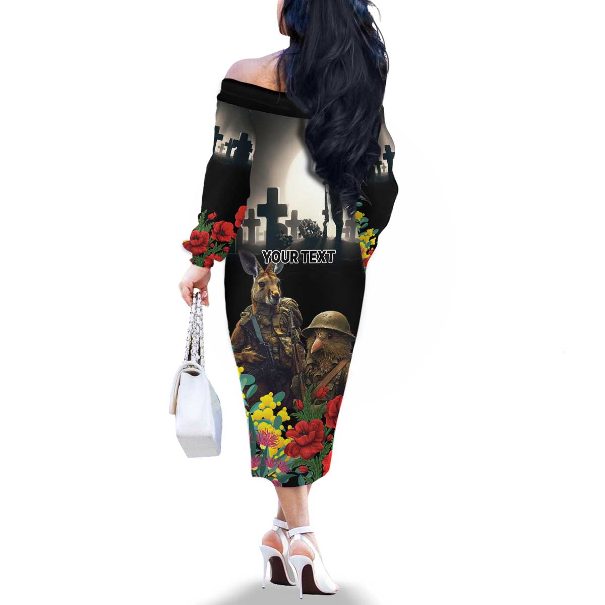 Kangaroo-Kiwi Soldier ANZAC Personalised Family Matching Off The Shoulder Long Sleeve Dress and Hawaiian Shirt Golden Wattle Poppy Flowers LT9 - Polynesian Pride