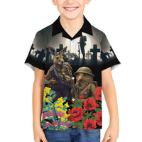 Kangaroo-Kiwi Soldier ANZAC Personalised Family Matching Off The Shoulder Long Sleeve Dress and Hawaiian Shirt Golden Wattle Poppy Flowers LT9 Son's Shirt Black - Polynesian Pride