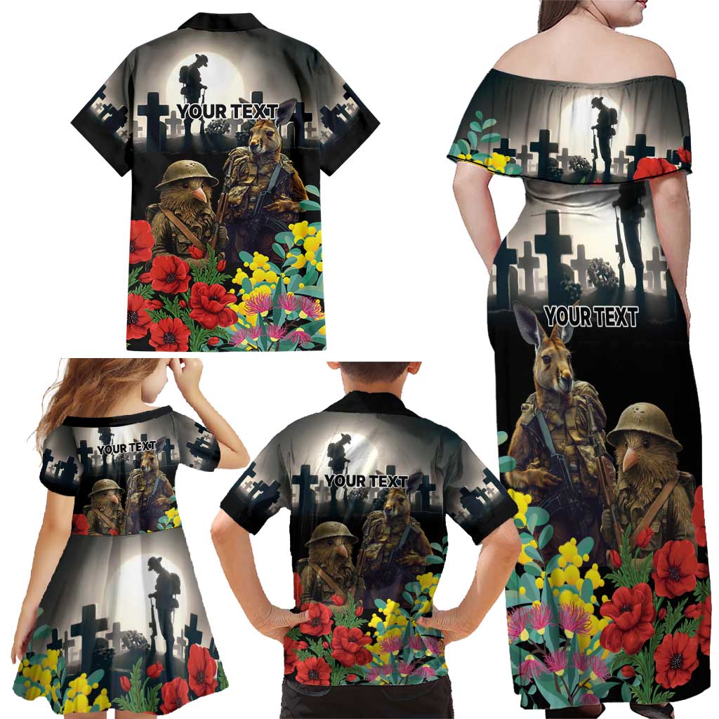Kangaroo-Kiwi Soldier ANZAC Personalised Family Matching Off Shoulder Maxi Dress and Hawaiian Shirt Golden Wattle Poppy Flowers LT9 - Polynesian Pride