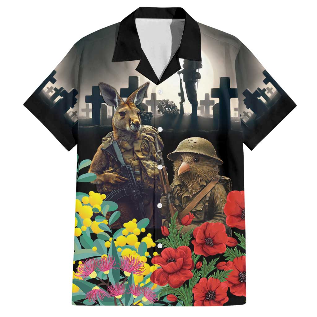 Kangaroo-Kiwi Soldier ANZAC Personalised Family Matching Off Shoulder Maxi Dress and Hawaiian Shirt Golden Wattle Poppy Flowers LT9 Dad's Shirt - Short Sleeve Black - Polynesian Pride