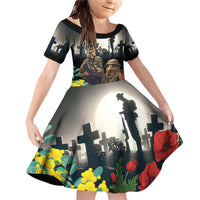 Kangaroo-Kiwi Soldier ANZAC Personalised Family Matching Off Shoulder Short Dress and Hawaiian Shirt Golden Wattle Poppy Flowers LT9 Daughter's Dress Black - Polynesian Pride