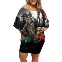 Kangaroo-Kiwi Soldier ANZAC Personalised Family Matching Off Shoulder Short Dress and Hawaiian Shirt Golden Wattle Poppy Flowers LT9 Mom's Dress Black - Polynesian Pride