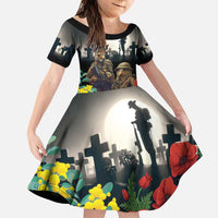 Kangaroo-Kiwi Soldier ANZAC Personalised Family Matching Puletasi and Hawaiian Shirt Golden Wattle Poppy Flowers LT9 Daughter's Dress Black - Polynesian Pride