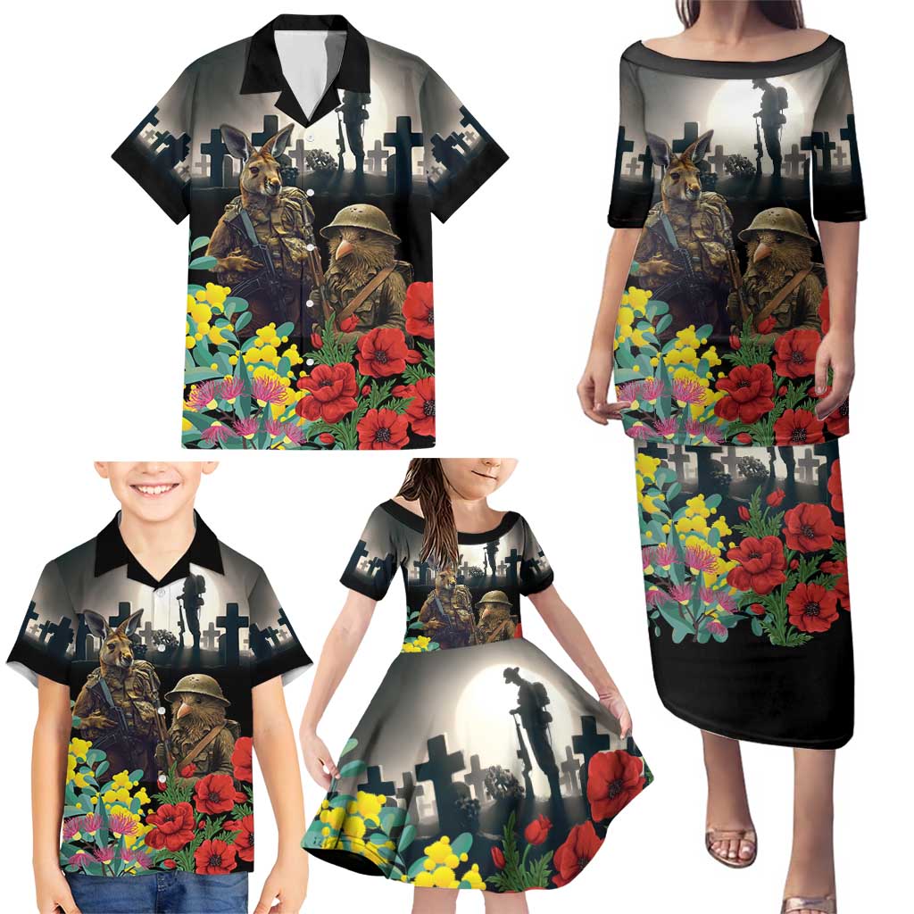 Kangaroo-Kiwi Soldier ANZAC Personalised Family Matching Puletasi and Hawaiian Shirt Golden Wattle Poppy Flowers LT9 - Polynesian Pride