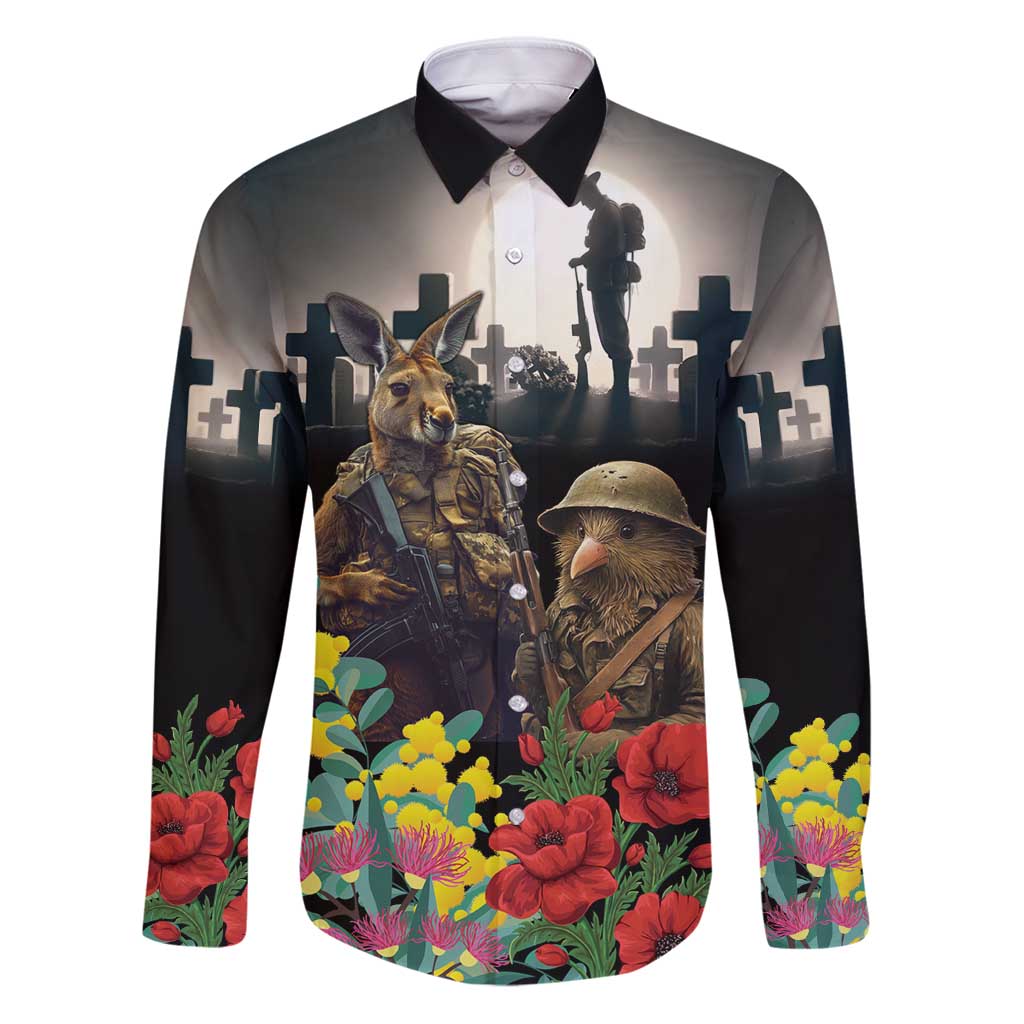 Kangaroo-Kiwi Soldier ANZAC Personalised Family Matching Puletasi and Hawaiian Shirt Golden Wattle Poppy Flowers LT9 Dad's Shirt - Long Sleeve Black - Polynesian Pride