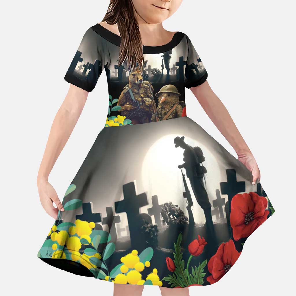 Kangaroo-Kiwi Soldier ANZAC Personalised Family Matching Summer Maxi Dress and Hawaiian Shirt Golden Wattle Poppy Flowers LT9 Daughter's Dress Black - Polynesian Pride