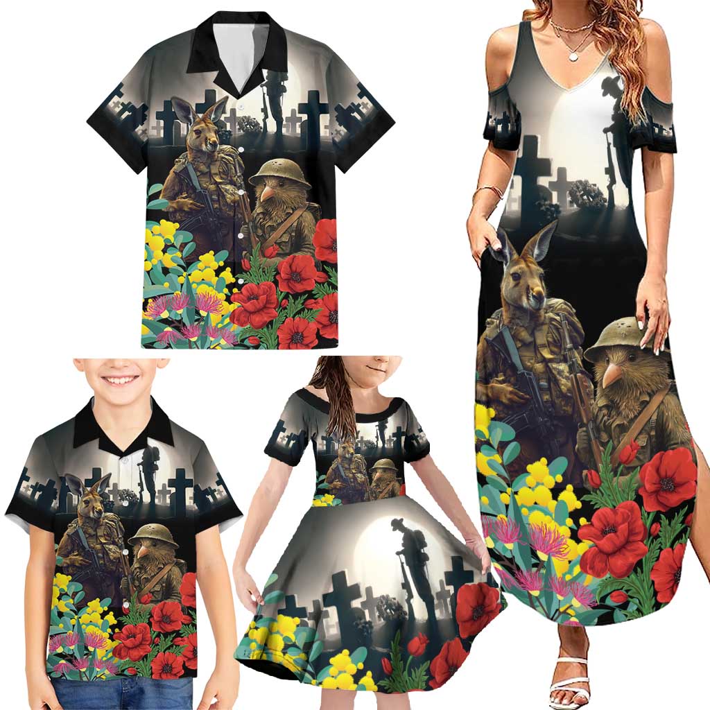 Kangaroo-Kiwi Soldier ANZAC Personalised Family Matching Summer Maxi Dress and Hawaiian Shirt Golden Wattle Poppy Flowers LT9 - Polynesian Pride