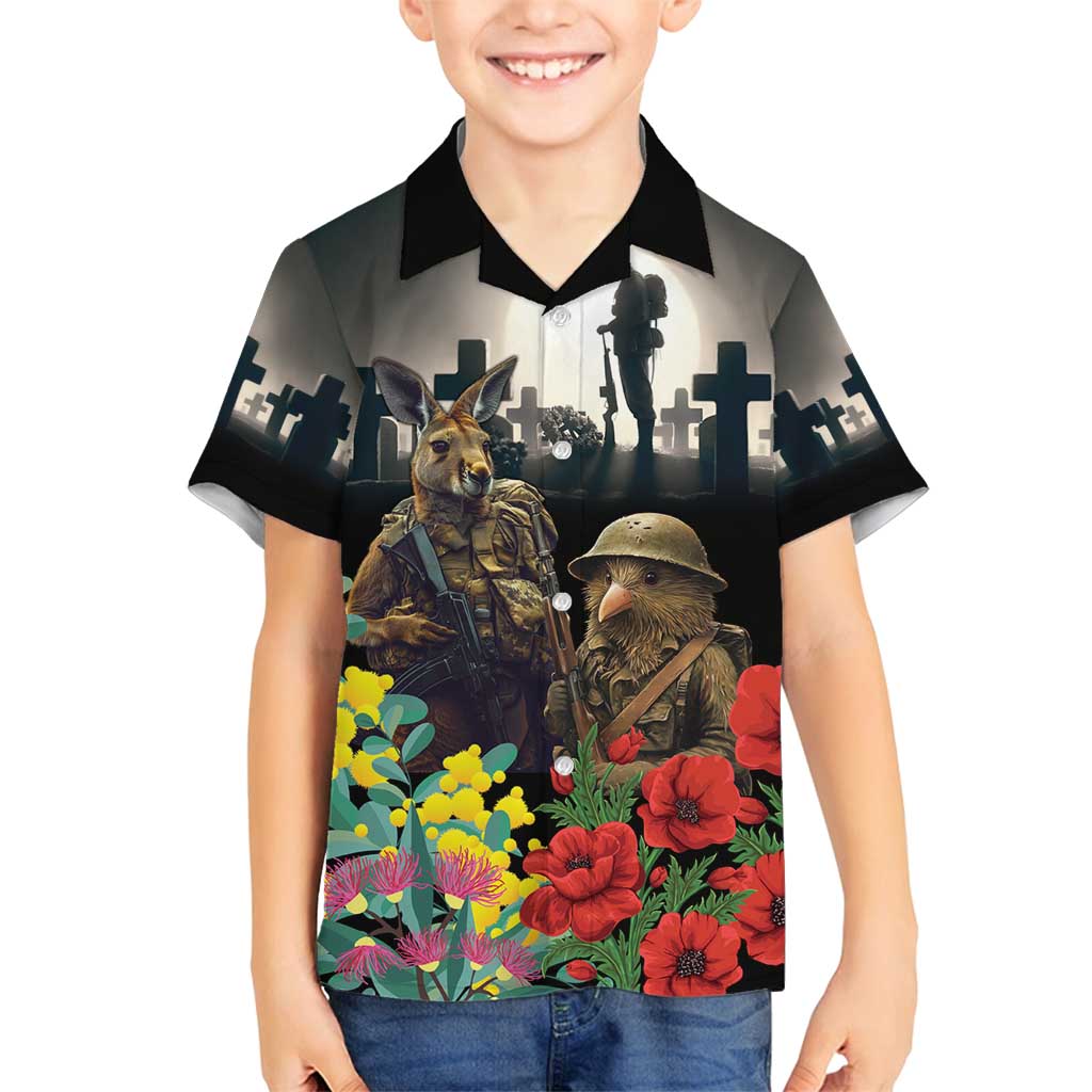Kangaroo-Kiwi Soldier ANZAC Personalised Family Matching Summer Maxi Dress and Hawaiian Shirt Golden Wattle Poppy Flowers LT9 Son's Shirt Black - Polynesian Pride