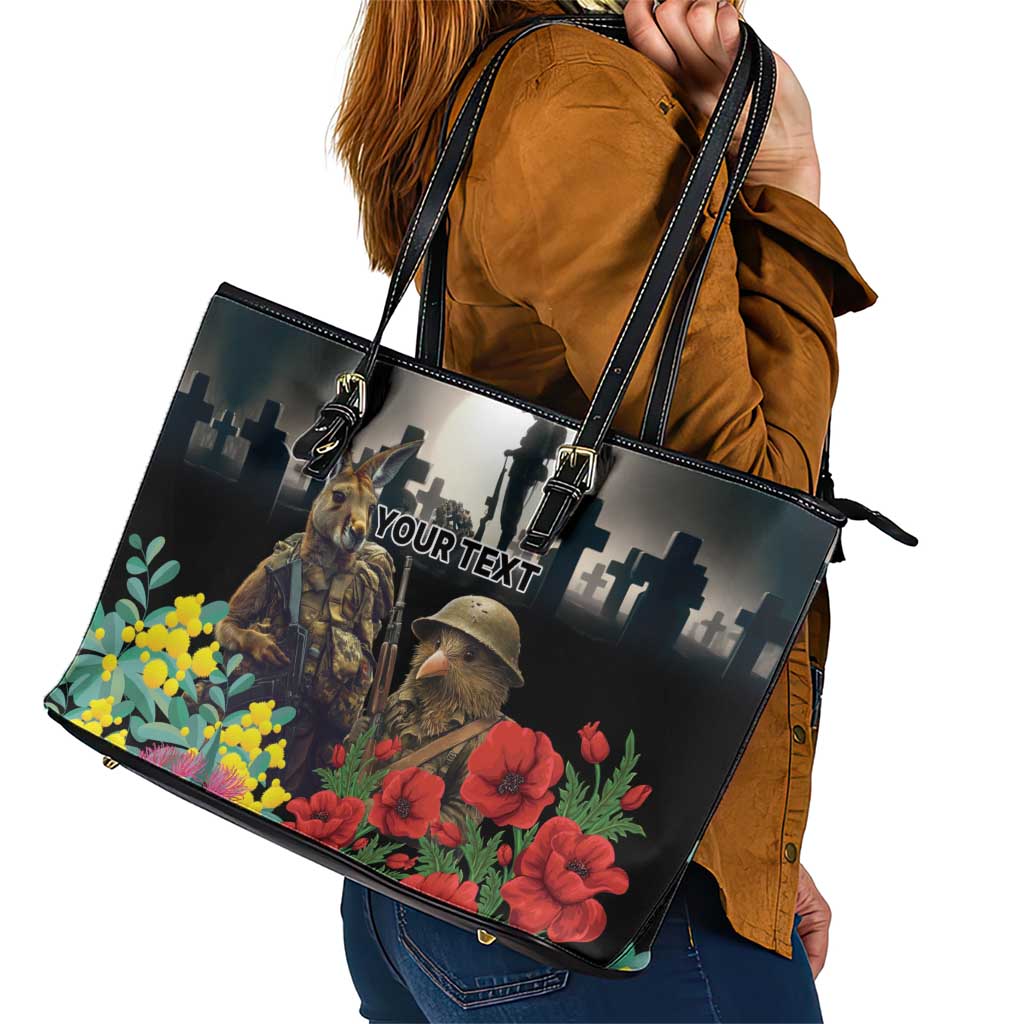 Kangaroo-Kiwi Soldier ANZAC Personalised Leather Tote Bag Golden Wattle Poppy Flowers