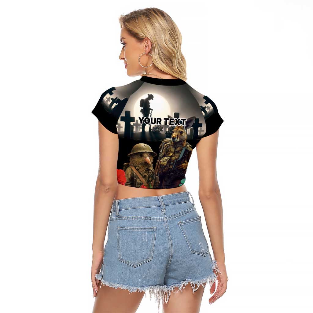 Kangaroo-Kiwi Soldier ANZAC Personalised Raglan Cropped T Shirt Golden Wattle Poppy Flowers