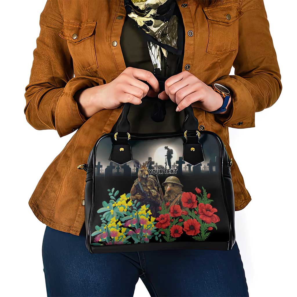 Kangaroo-Kiwi Soldier ANZAC Personalised Shoulder Handbag Golden Wattle Poppy Flowers