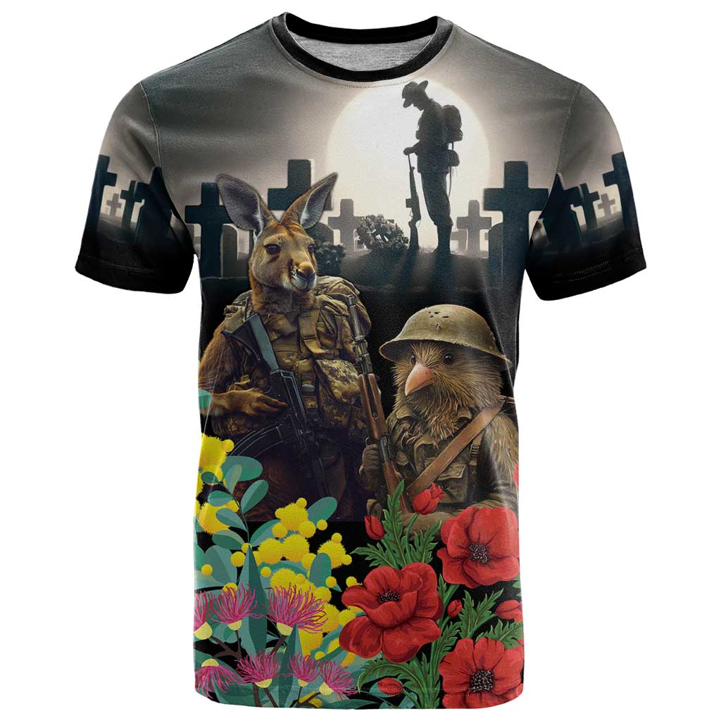 Kangaroo-Kiwi Soldier ANZAC Personalised T Shirt Golden Wattle Poppy Flowers