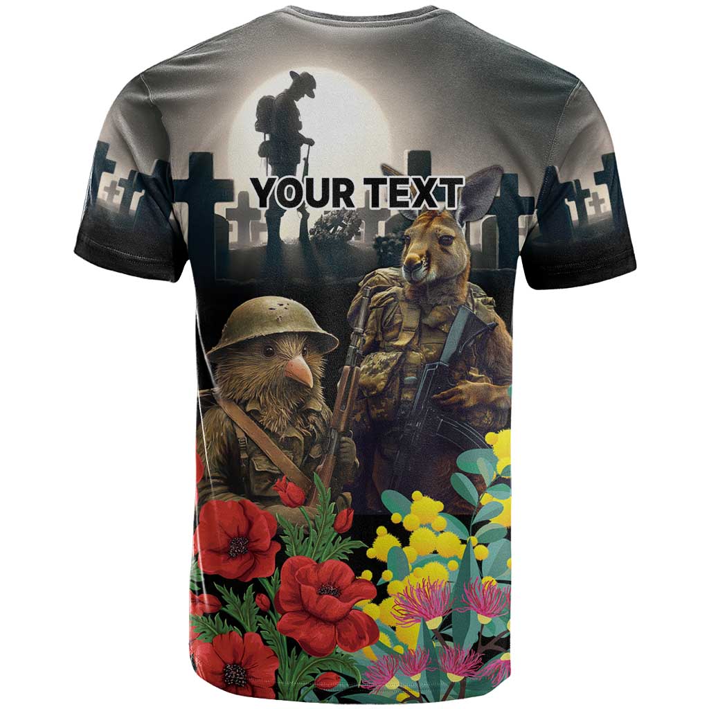 Kangaroo-Kiwi Soldier ANZAC Personalised T Shirt Golden Wattle Poppy Flowers