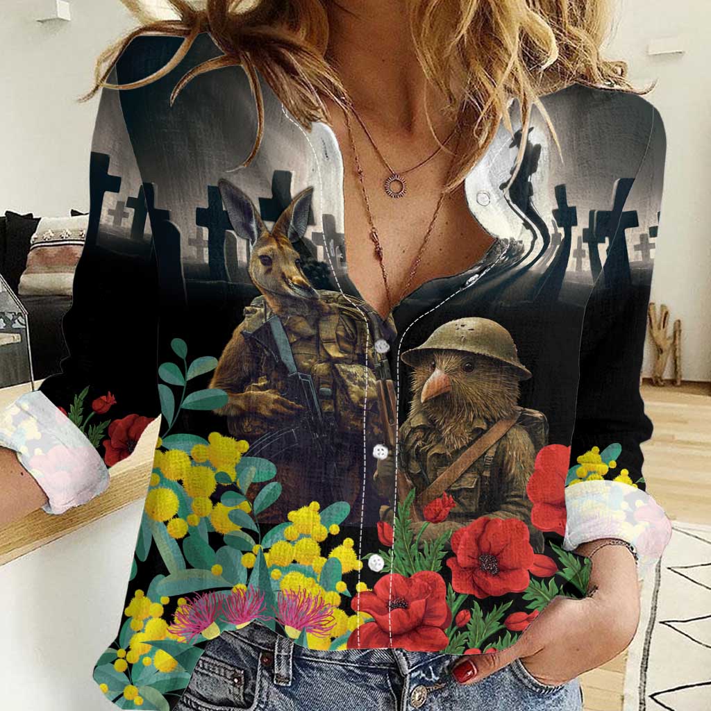 Kangaroo-Kiwi Soldier ANZAC Personalised Women Casual Shirt Golden Wattle Poppy Flowers LT9 Female Black - Polynesian Pride