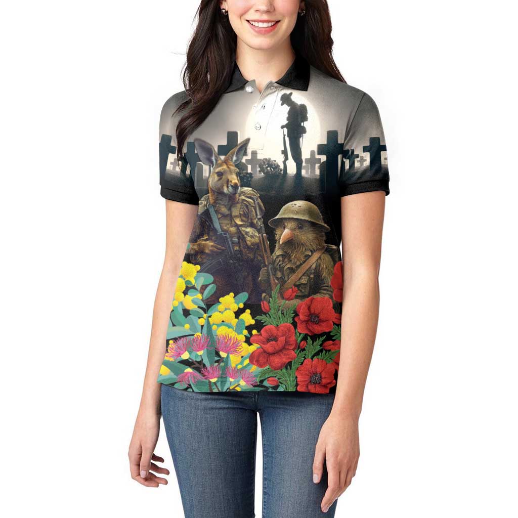 Kangaroo-Kiwi Soldier ANZAC Personalised Women Polo Shirt Golden Wattle Poppy Flowers LT9 - Polynesian Pride