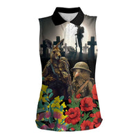 Kangaroo-Kiwi Soldier ANZAC Personalised Women Sleeveless Polo Shirt Golden Wattle Poppy Flowers